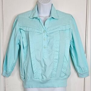 Vintage Ms. Paquette Petite Small Mint Green Button Blouse Ribbed Hem USA
